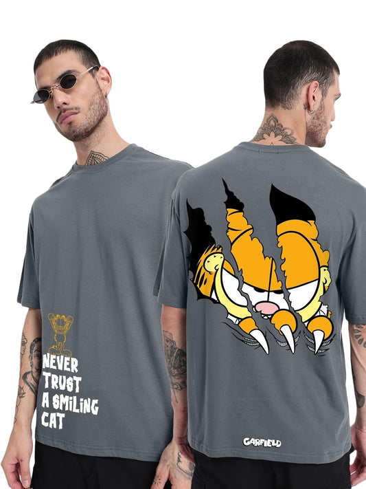 Bewakoof Mens X Official Garfield Merchandise Smiling Cat Graphic Printed 100% Cotton T-Shirt - Oversized Fit, Round Neck, Half