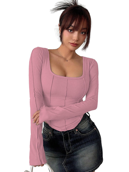 Sugathari Womens Peach Solid Long Sleeve Wrap-Style Square Split Crew Neck Bodycon Women T-Shirt Spring And Summer Top, Minimal