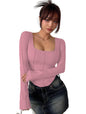 Sugathari Womens Peach Solid Long Sleeve Wrap-Style Square Split Crew Neck Bodycon Women T-Shirt Spring And Summer Top, Minimal