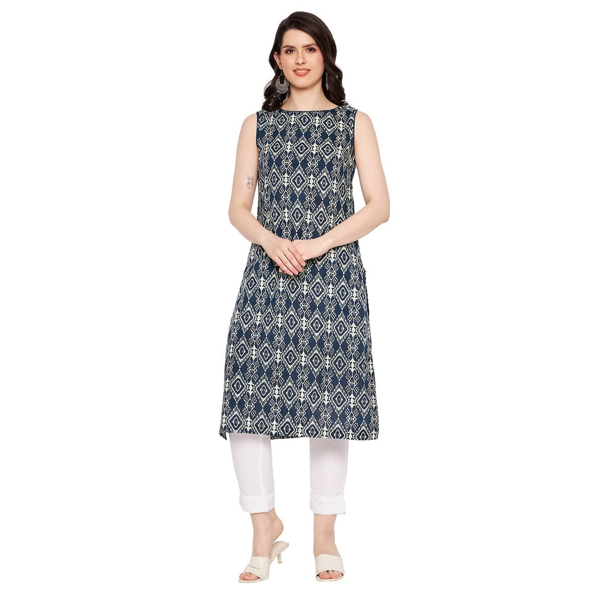 Patlani WomenS Cotton Blened Sleeveless Printed Full Stitched Kurti.(K-199) White