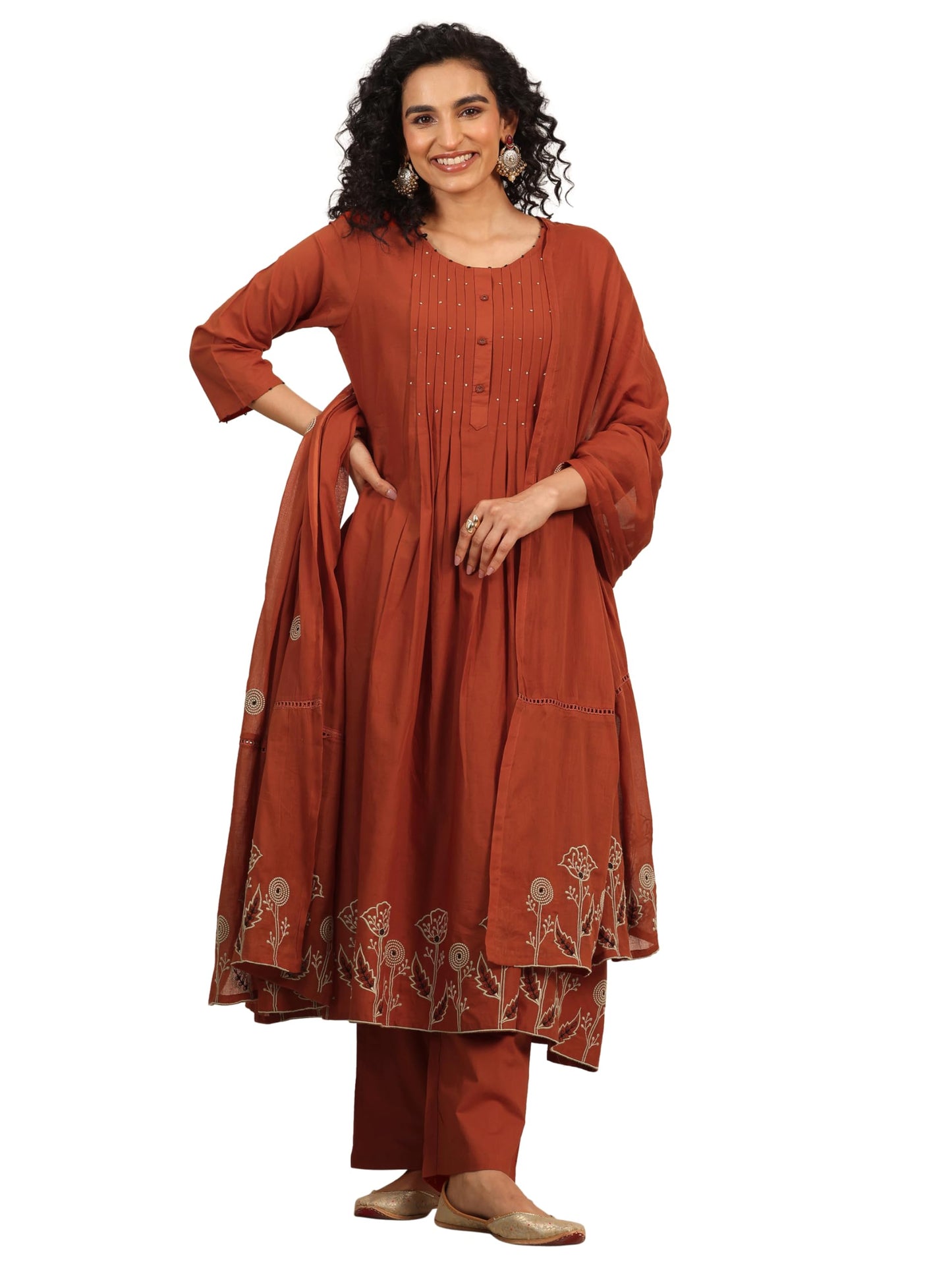 Rust Floral Embroidered Anarkali Kurta With Solid Palazzo And Embroidered Dupatta