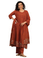 Rust Floral Embroidered Anarkali Kurta With Solid Palazzo And Embroidered Dupatta