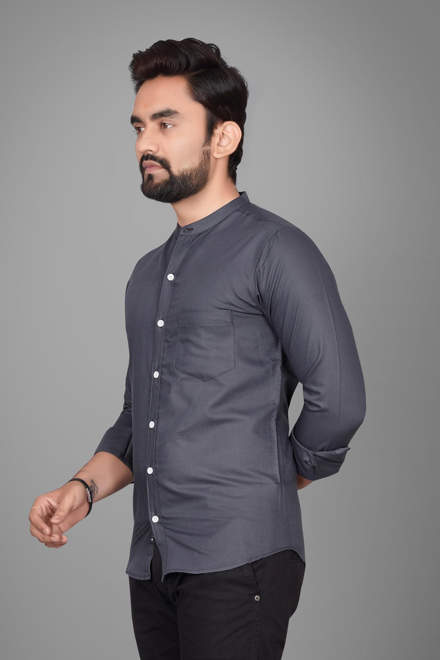 Besix MenS Cotton Solid Shirt With Mandarin Collared Full Sleeve Button Closure Curved Hem Straight Length And One Pocket | Mdr