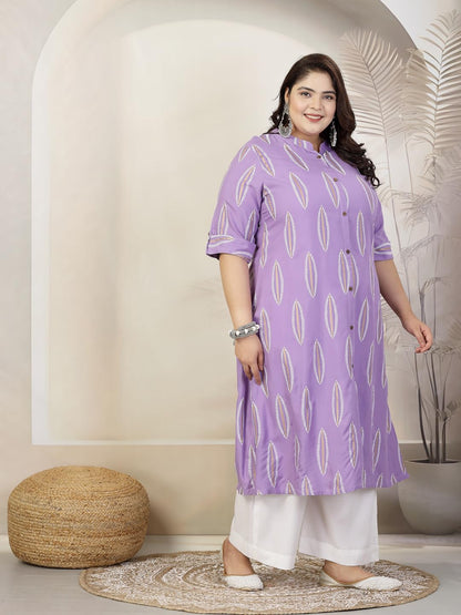 Stylum Plus Size Women Block Printed Rayon A-Line Kurta (NOMIPURPLEPLUS_Purple)