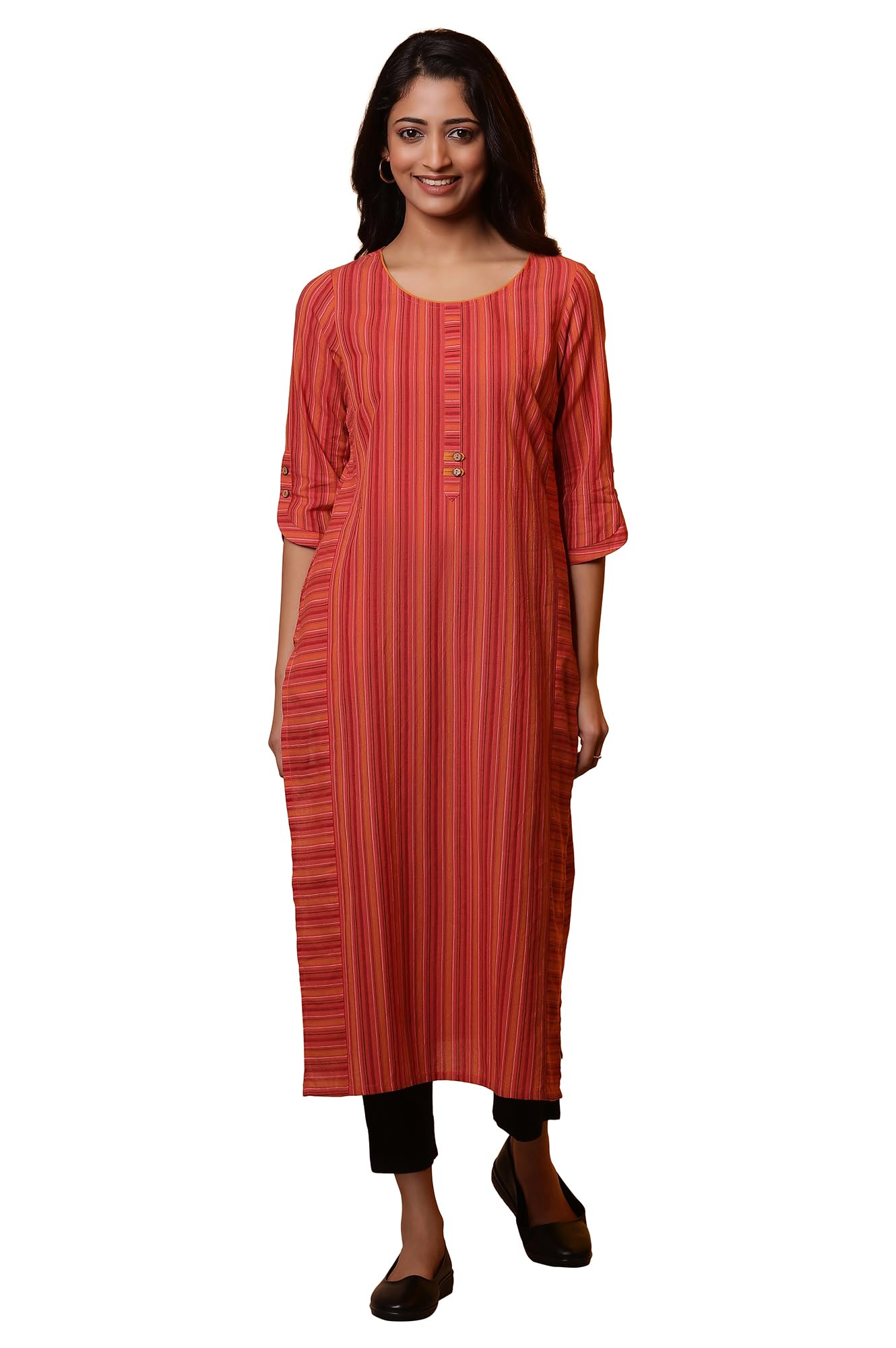 Aurelia WomenS Cotton Striped Regular Kurta (24Fea14841_Orange