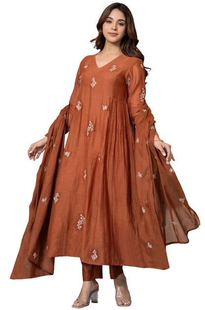 ANNI Designer Womens Rayon Viscose Anarkali Embroidery Kurta with Pant with Dupatta (Ramona Rust_S_Rust_Small)