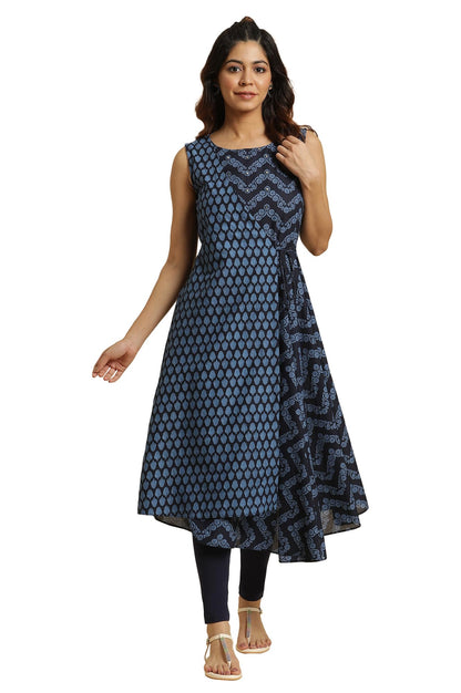 W for Woman Blue Mock Wrap Print Mix Kurta
