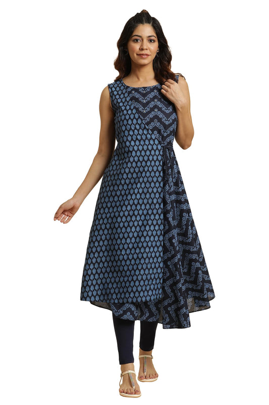 W for Woman Blue Mock Wrap Print Mix Kurta