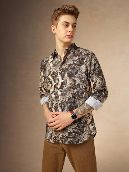 Dennis Lingo Men Regular Fit Cotton Full Sleeves Ethinc Print Casual Shirts Brown