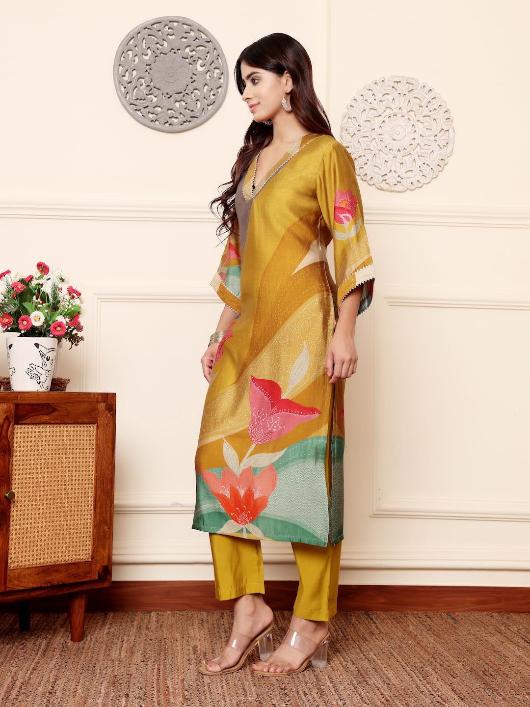 Varanga Women Olive Abstract Printed Gota Lace Detailed Kurta With Solid Trouser  Stylish Ethnic Set