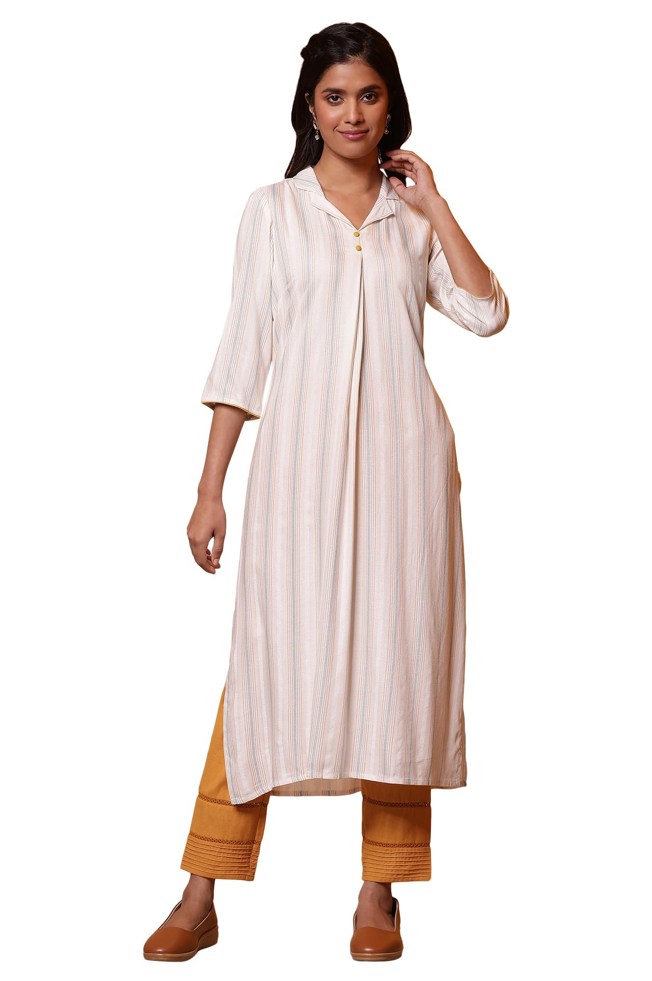 Aurelia Women Striped Rayon Straight Kurta_24FEA14804_M White