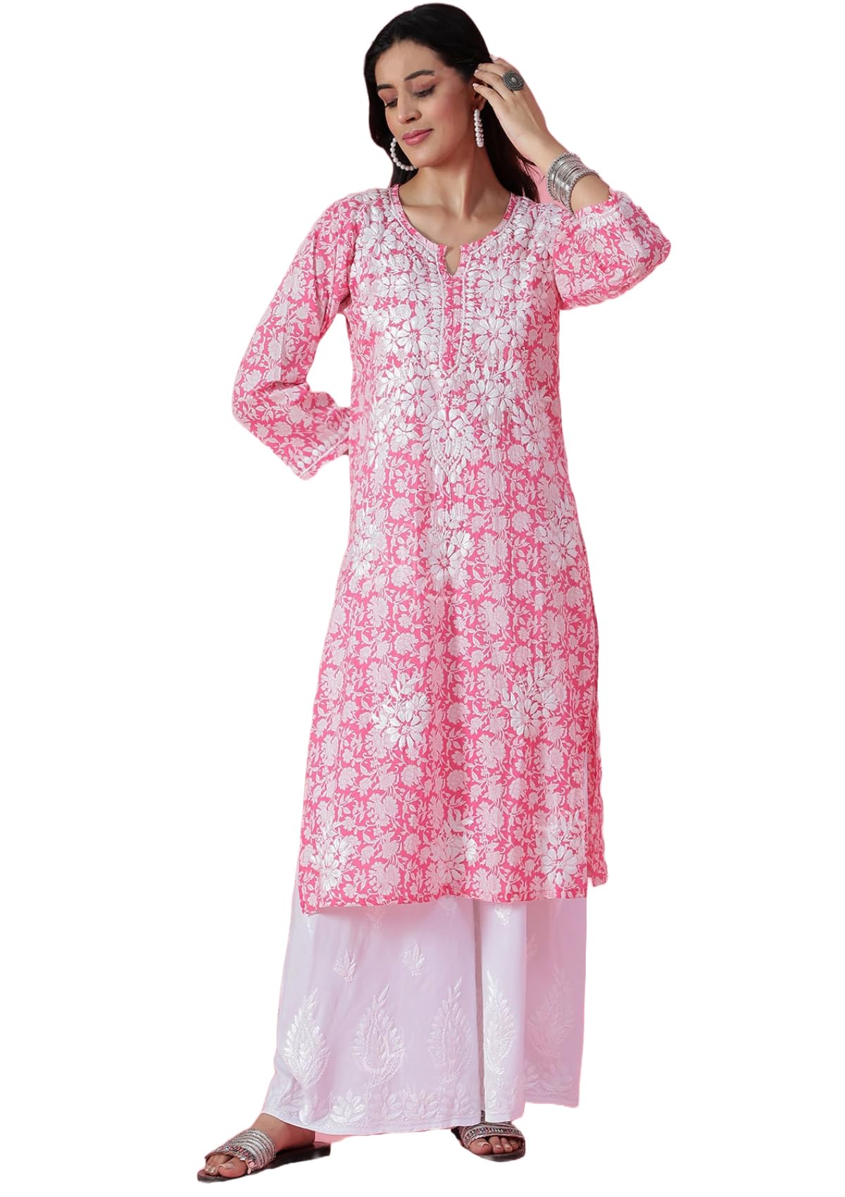 ANNI DESIGNER Womens Cotton Blend Straight Printed Chikankari Embroidered Kurta (Bharti Pink_XL_Navy_X-Large)
