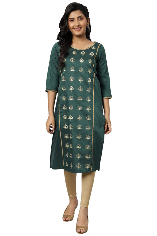 Aurelia Women Emerald Green Viscose Blend Solid Straight Kurta