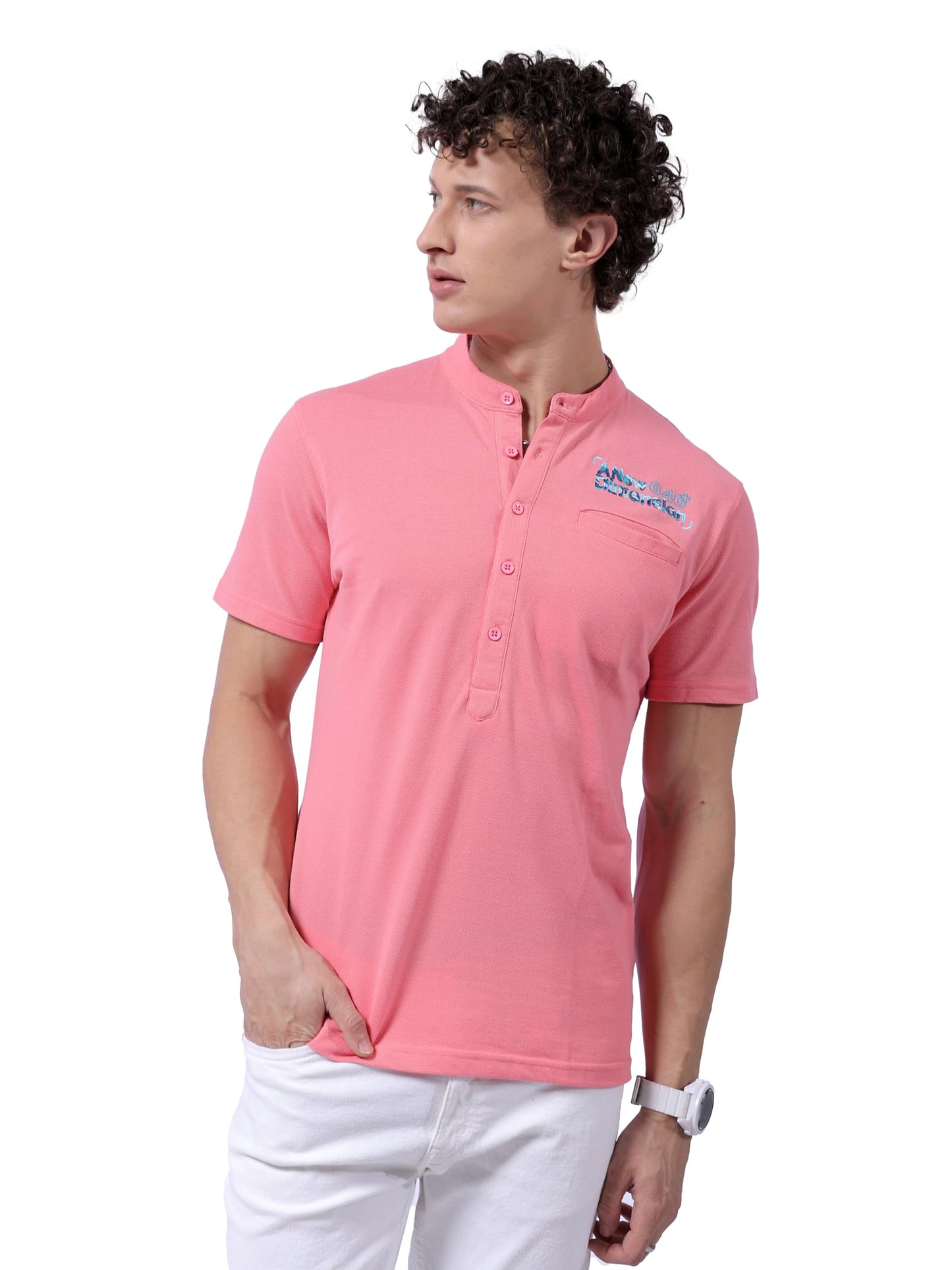 The Indian Garage Co Men Slim Fit Placement Embroidery Henley Tshirt Strawberry
