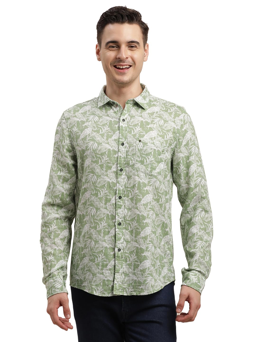 Turtle Men 100% Cotton Printed Slim Fit Olive Green Casual Shirt