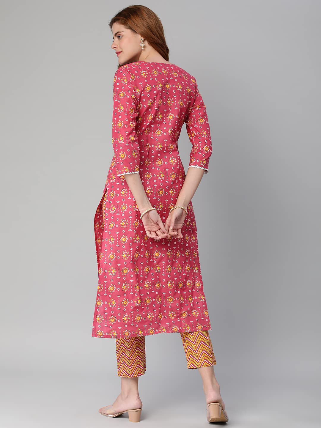ANNI DESIGNER Women's Cotton Blend Traditional Straight Printed Kurta with Pant (Mikaa Pink-Nw5)