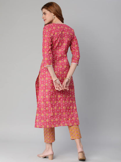 ANNI DESIGNER Women's Cotton Blend Traditional Straight Printed Kurta with Pant (Mikaa Pink-Nw5)