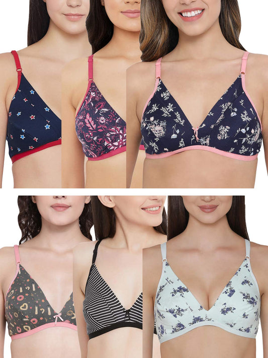 Clovia Womens Pack of 6 Cotton Non-Padded Non-Wired Full Cup Bra (COMBRC714_Multicolored_34C) (Print and Color May Vary)