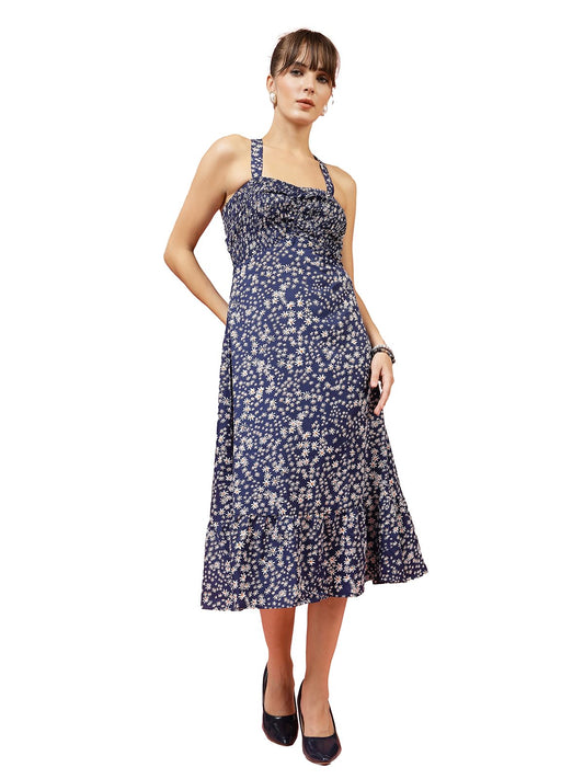 Oomph! WomenS Western & Fusion Wear Printed Crepe Dress For Women, Smocked Bodice, Blue - Md1032