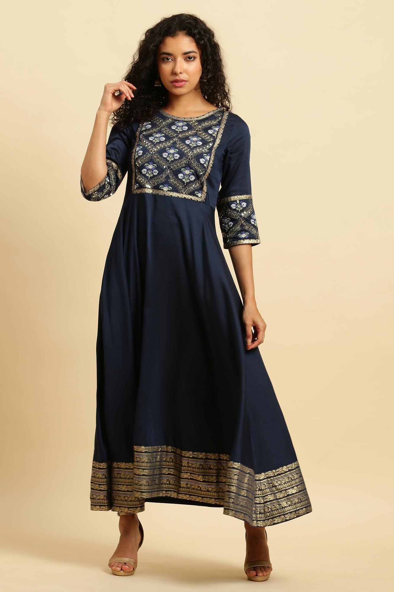 W For Woman WomenS Polyester Blue Panelled Embroidered Festive Dress Ankle Length 23Auw10290-220805