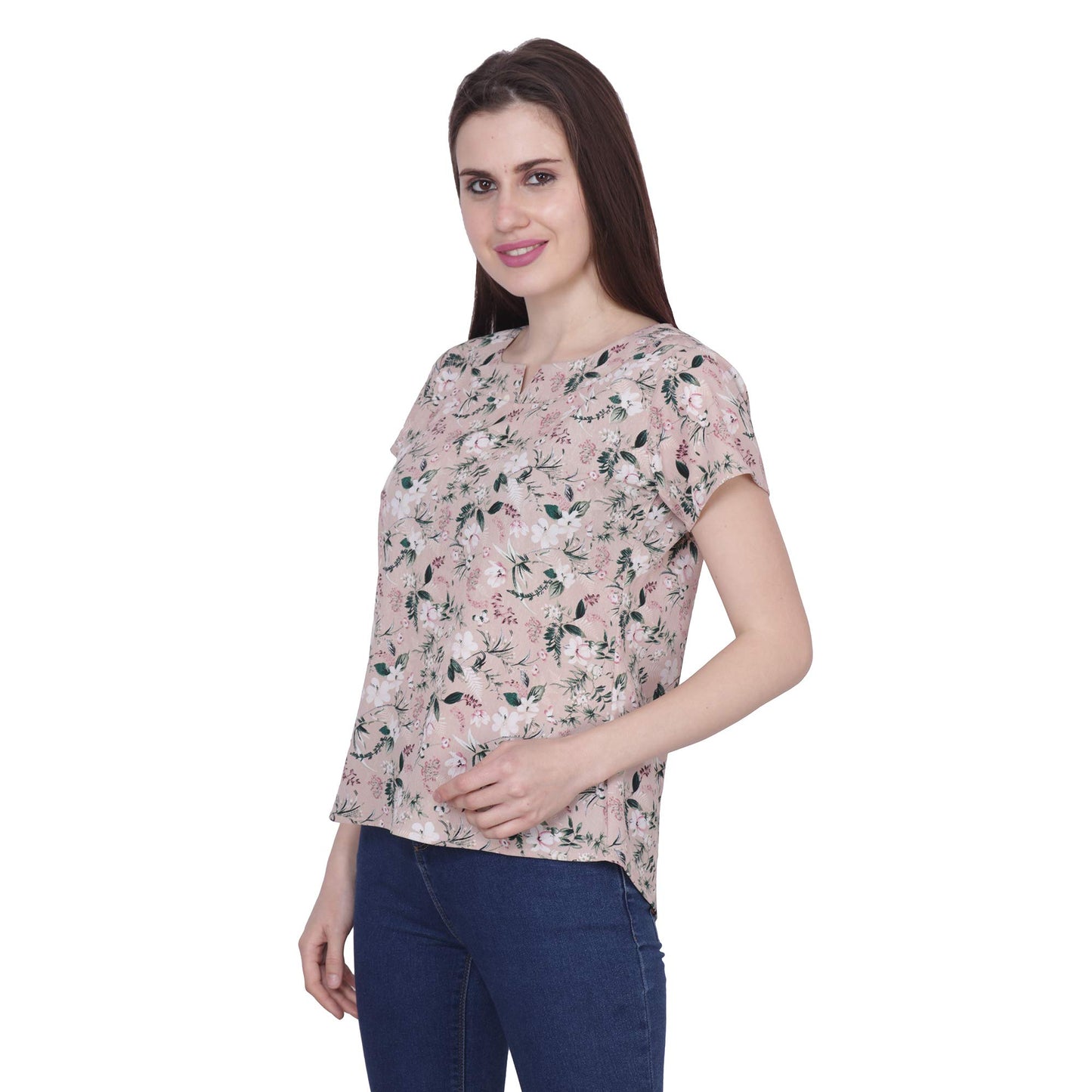 POPWINGS Casual Round Neck Beige Printed Polyester Top for Women