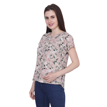 POPWINGS Casual Round Neck Beige Printed Polyester Top for Women
