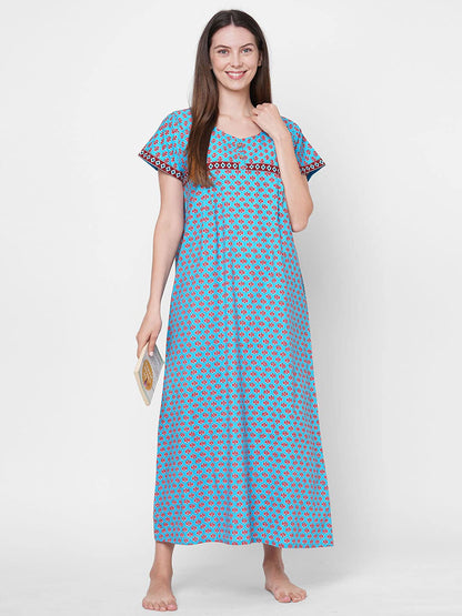 Evolove WomenS Cotton Long Maxi Night Gown Nighty Dress With Pocket & Stylish Button, Super Soft Comfortable (Rich Turquoise, L