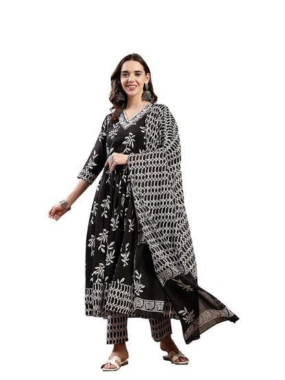 Stylum Womens Black Floral Printed Cotton Anarkali Kurta Pant Dupatta Set