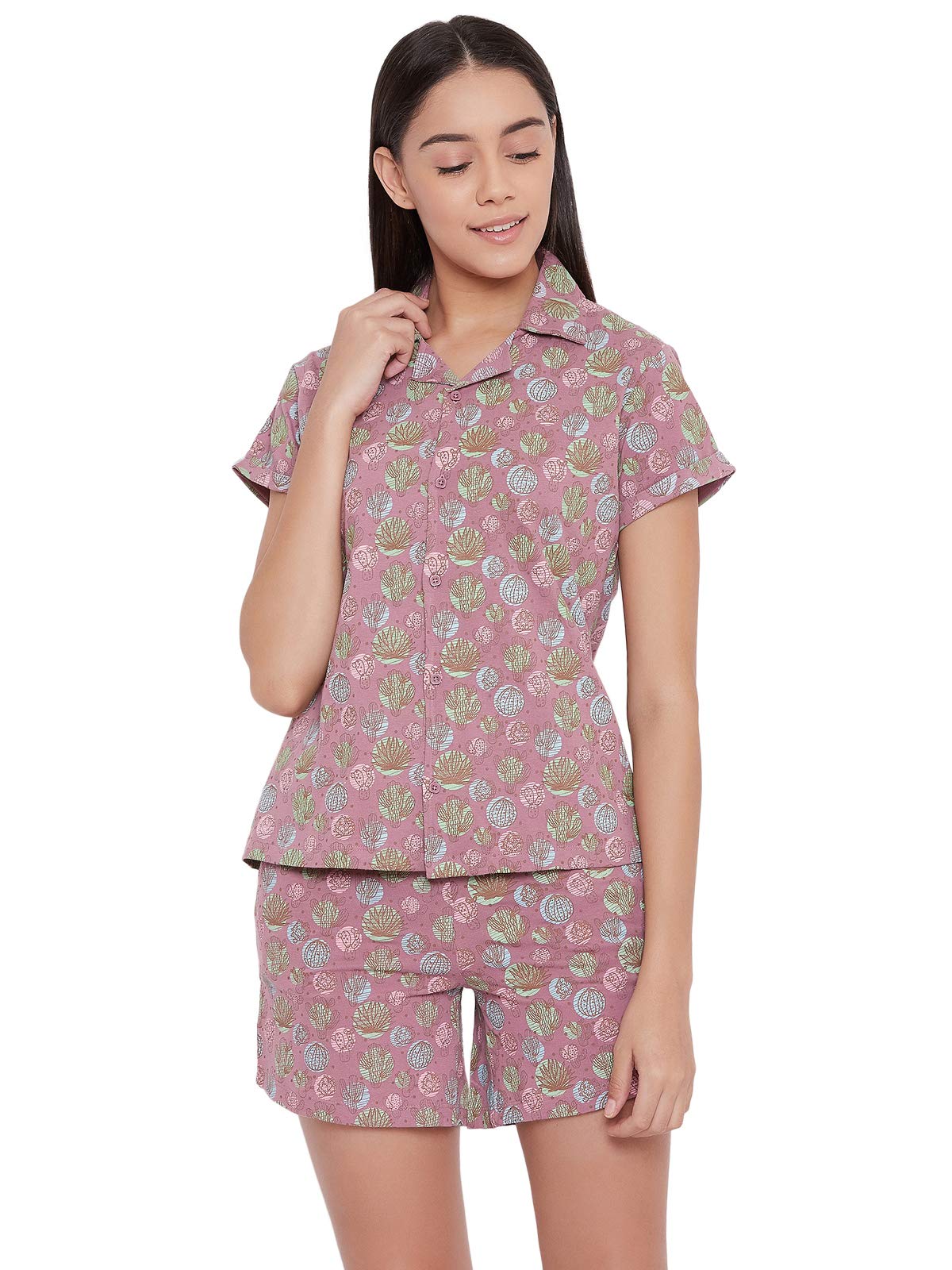 Clovia Womens Cotton Casual Regular Pajama Set (LS0094A15S_Pink_S)