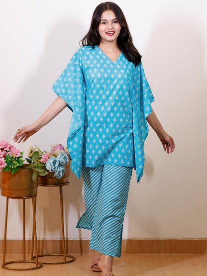 Libas Womens Printed Cotton Night Suit Set For Women Turquoise Blue