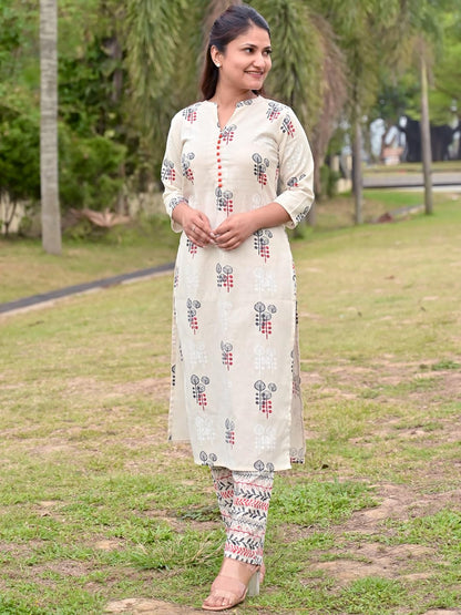 Libas WomenS Silk Blend Printed Regular Fit Kurta Set (6313_Off White