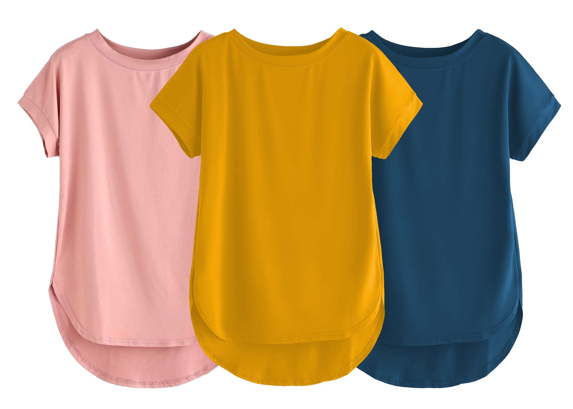 Fabricorn Combo Of Three Plain Mustard Yellow, Dusty Rose And Airforce Blue Round Neck Up And Down Cotton Tshirt For Women (Must