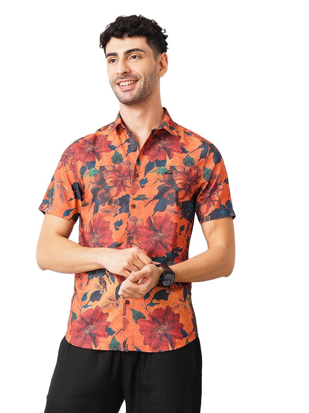 The Indian Garage Co Orange Regular Fit Spread Collar Floral Print Short Sleeves Shirt