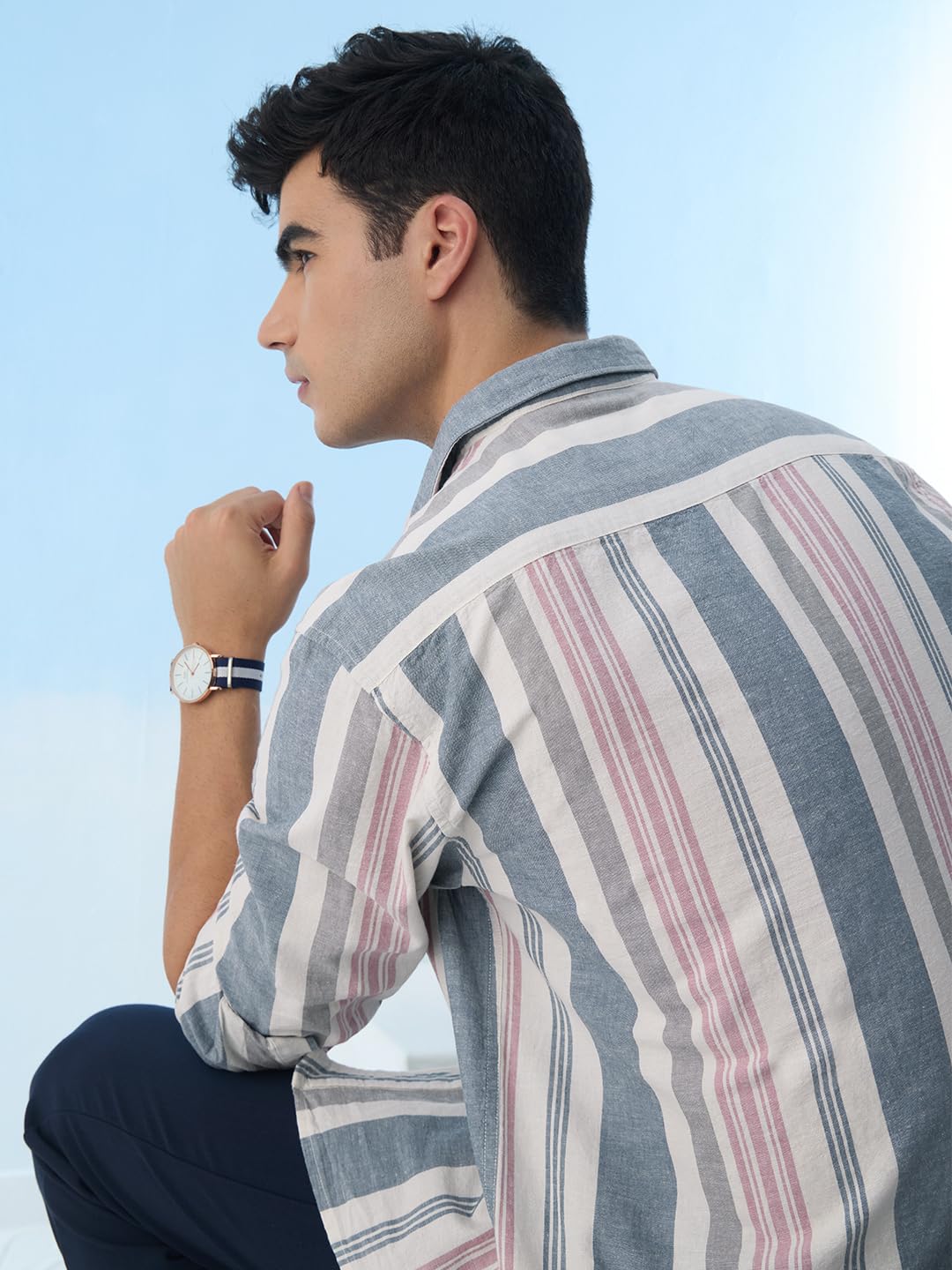 The Souled Store Cotton Linen Stripes: Marine Men and Boys Long Sleeves Collared Neck Button Front Regular Fit Lightweight Breat