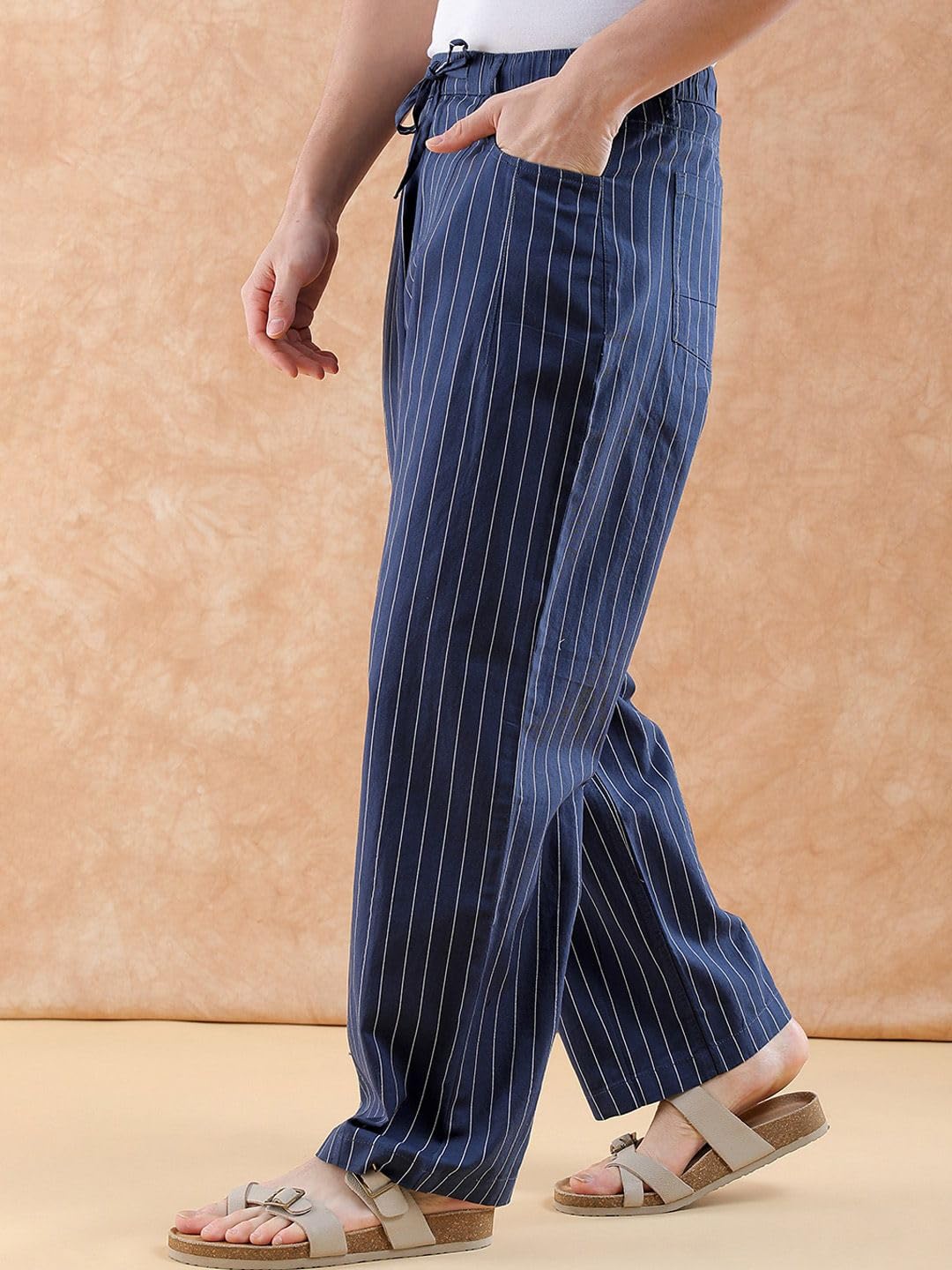 The Indian Garage Co Men Loose Fit Striped Mid-Rise Trousers Navy