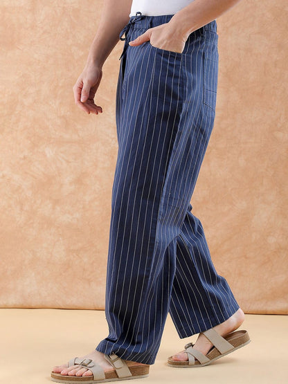 The Indian Garage Co Men Loose Fit Striped Mid-Rise Trousers Navy