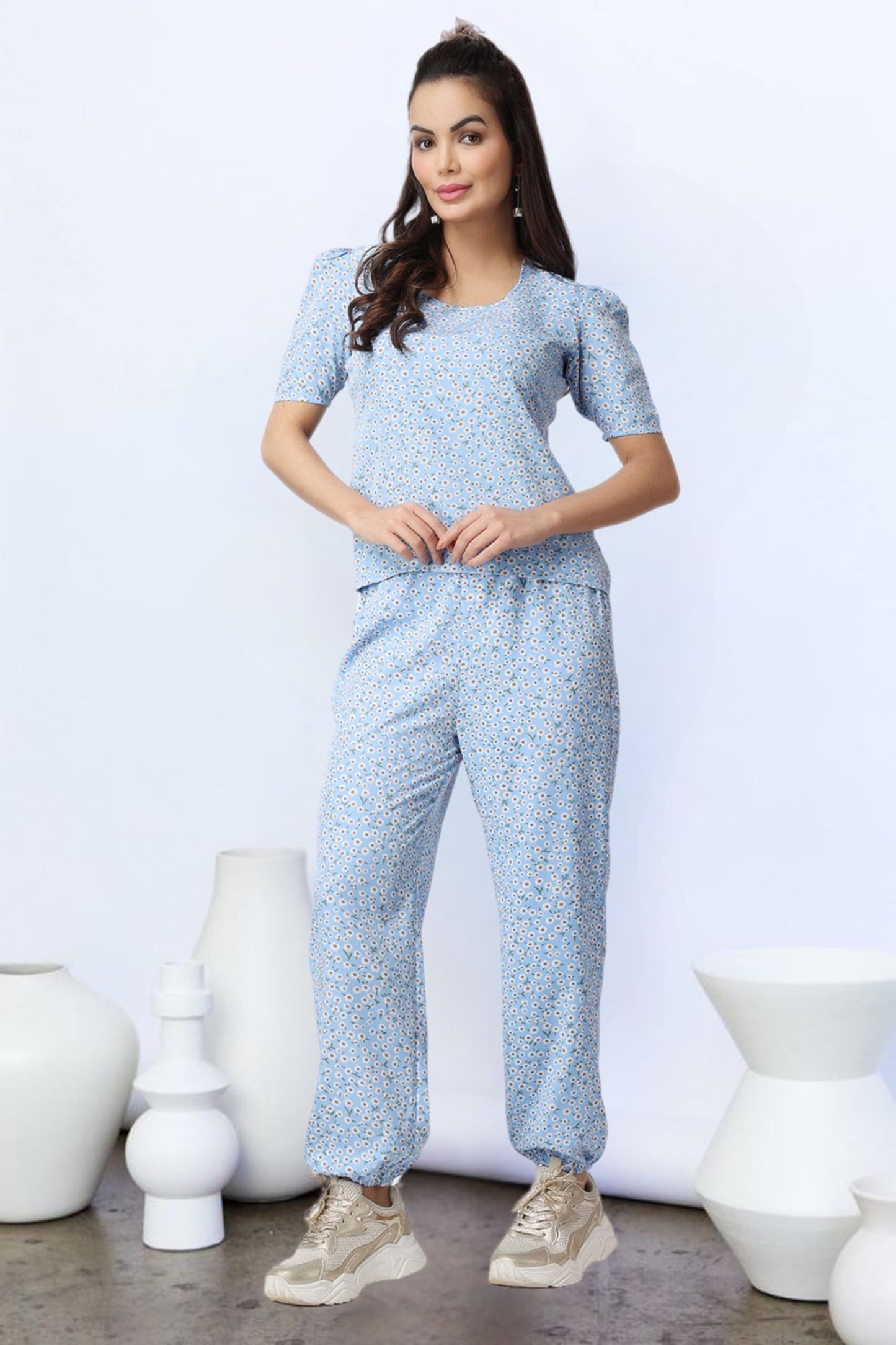 POPWINGS Casual Printed Top and Joggers Co-Ord Set for Women || Stylish Summer Co-Ords Set for Women || Round-Neck Top and Jogge