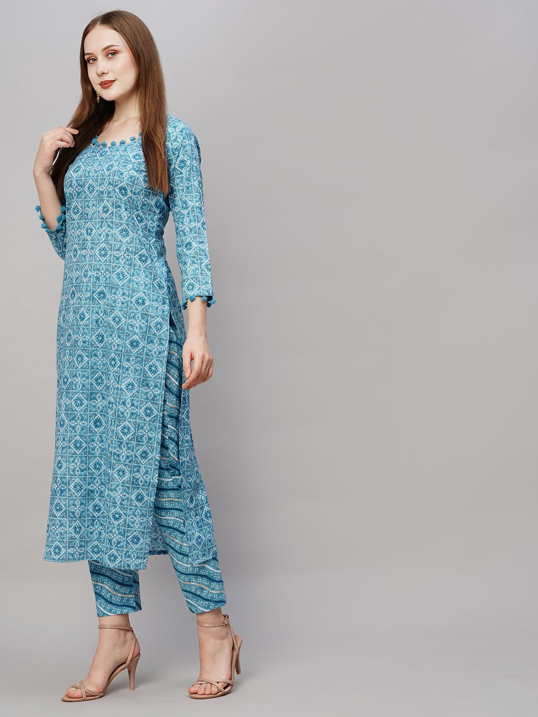 ANNI DESIGNER Women's Cotton Blend Printed Straight Kurta with Pant (Dagi Blue_S_Blue_Small)
