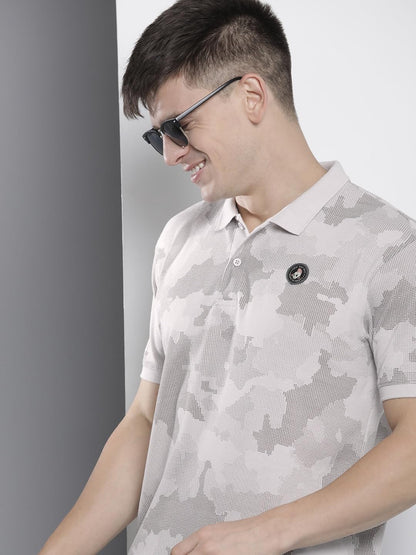 The Indian Garage Co Men Slim Fit Abstract Printed Polo Collar Tshirt Beige