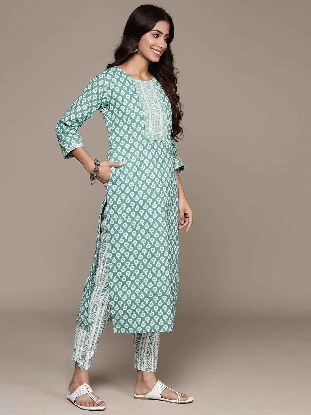 anubhutee Women's Pure Cotton Ethnic Motifs Printed Blue Kurta Suit Set with Trousers & Dupatta