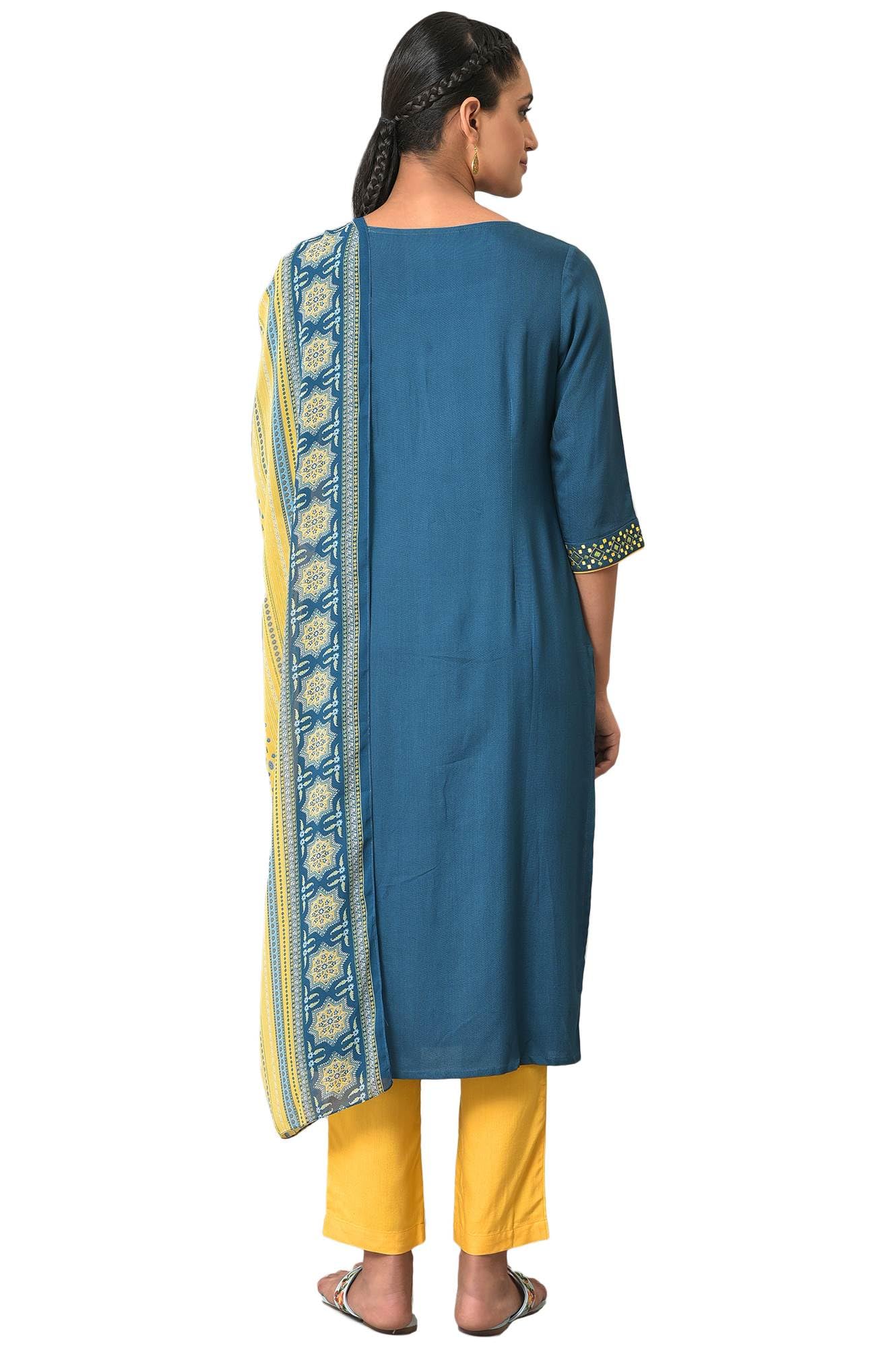 Aurelia Geometric Printed Blue Thread Embroidered Kurta Dupatta Bottomwear