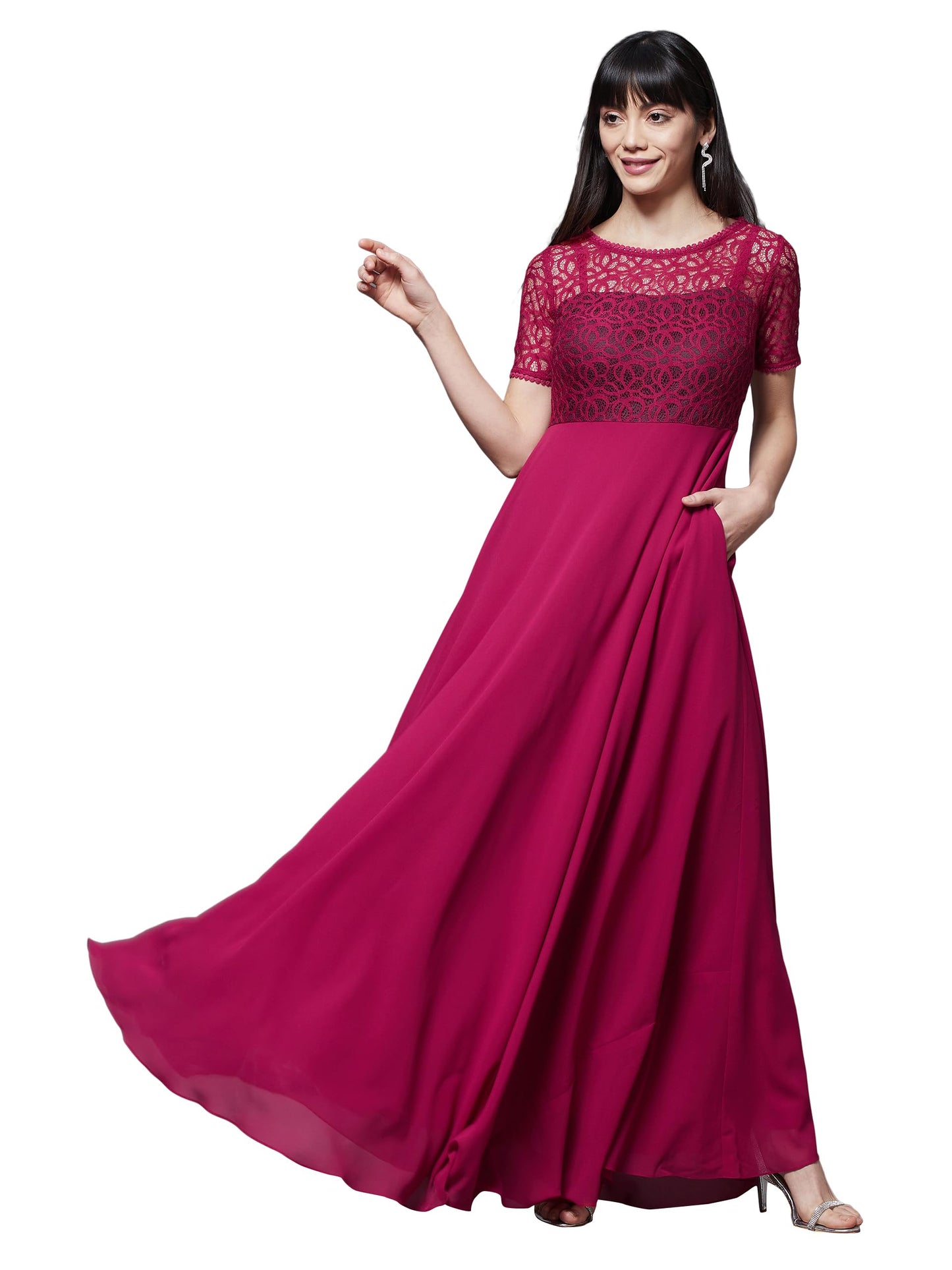 Miss Chase WomenS Round Neck Half Sleeve Solid Maxi Dress With Pockets (Plus Size) (Mcaw21D06-32-23-07, Dark Pink, 2Xl)