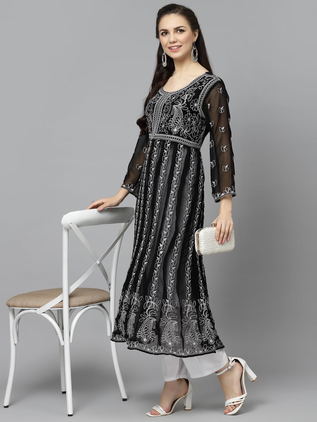Yashika Women's Chanderi Women Chikankari Long Sleeve Embroidered Anarkali Nayra Kurta(Ys-K1112)