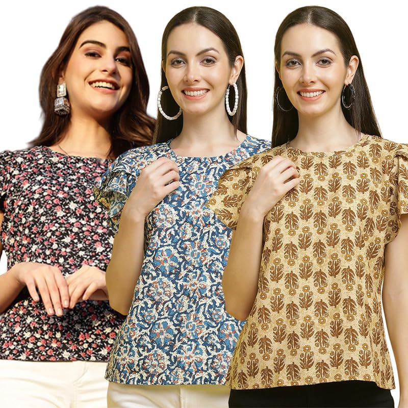 Pinkmint Womens Printed Combo Tops ll Regular Fit Ruffle Trim Petal Sleeve ll Fancy Girls Top (Pack of 3)
