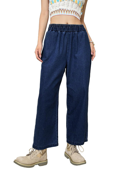 Shasmi Girls & Womens Dark Blie Denim Cotton Elastic Waist Cropped Straight Ankle Length Wide Leg Casual Baggy Jeans for Women