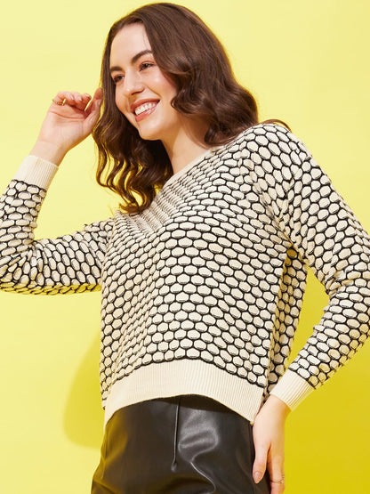 Modeve Self Design Round Neck Casual Women Crop Top Sweater||Winterwear|| White