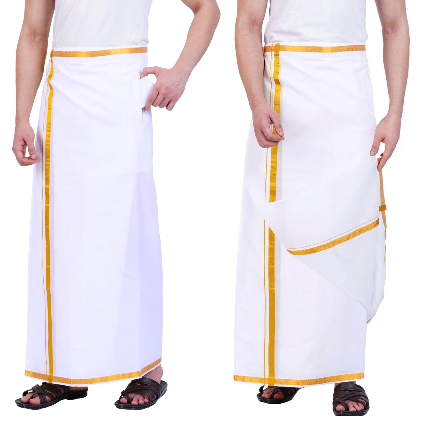 Prakasam Cotton Mens Free Size Stitched Double Layer White Dhoti/Mens Cotton Double Stitched Dhoti (Pack Of 1 Dhoti Only)