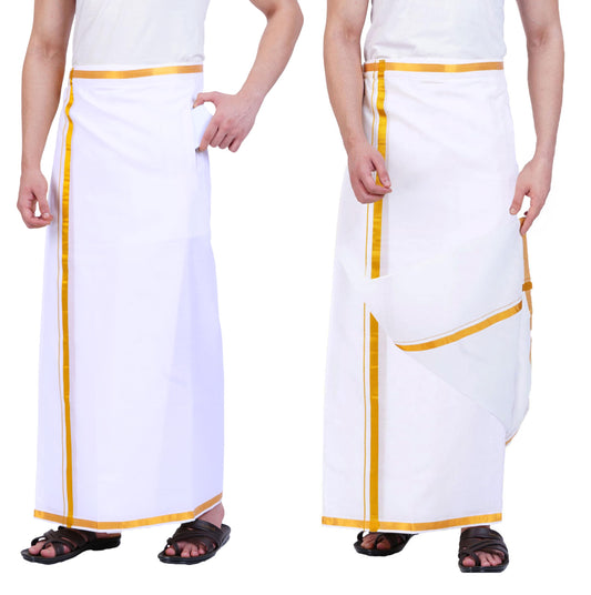 Prakasam Cotton Mens Free Size Stitched Double Layer White Dhoti/Mens Cotton Double Stitched Dhoti (Pack Of 1 Dhoti Only)