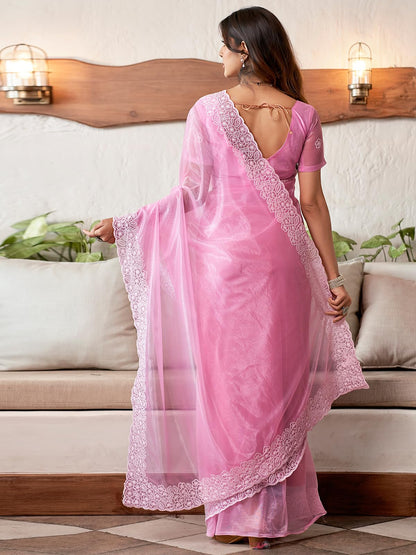 Satrani Women's Organza Saree with Embroidery Border, Unstitched Blouse, Pink, One Size, Model 3734S351N