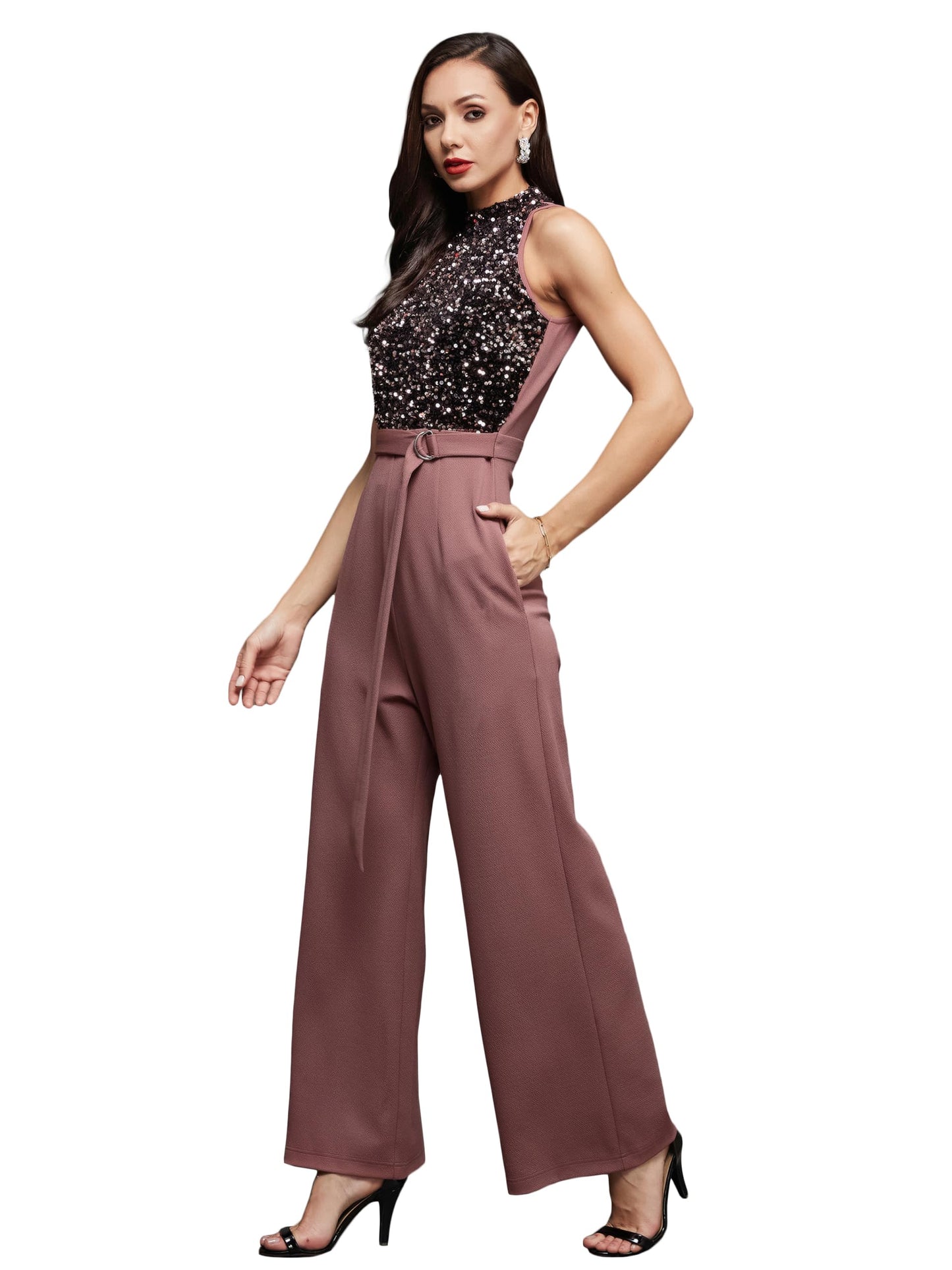Miss Chase Womens Sleeveless Embellished Halter Neck Jumpsuit (MCSS24D97-64-271-06, Mauve, XL)